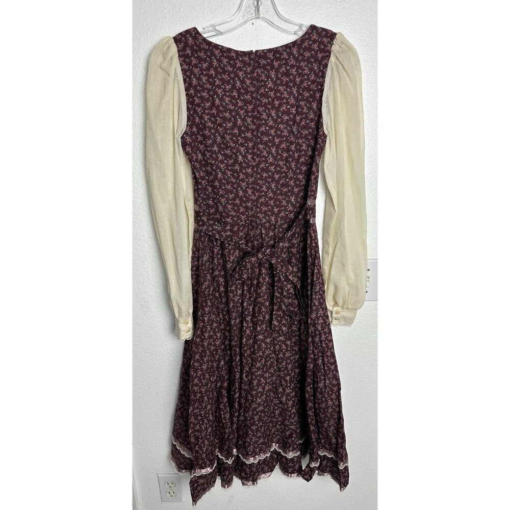 Gunne Sax by Jessica RARE 1970s Vintage Dress Burgundy Calico Midi Dress Size 9 - Picture 4 of 16